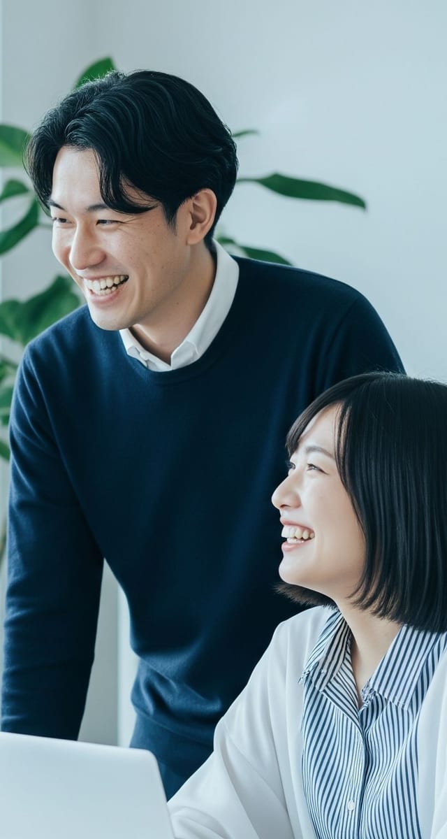 打ち合わせで笑顔を見せる社員