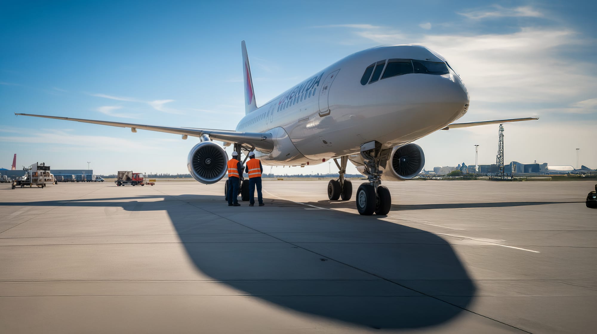 駐機中の旅客機と整備スタッフ